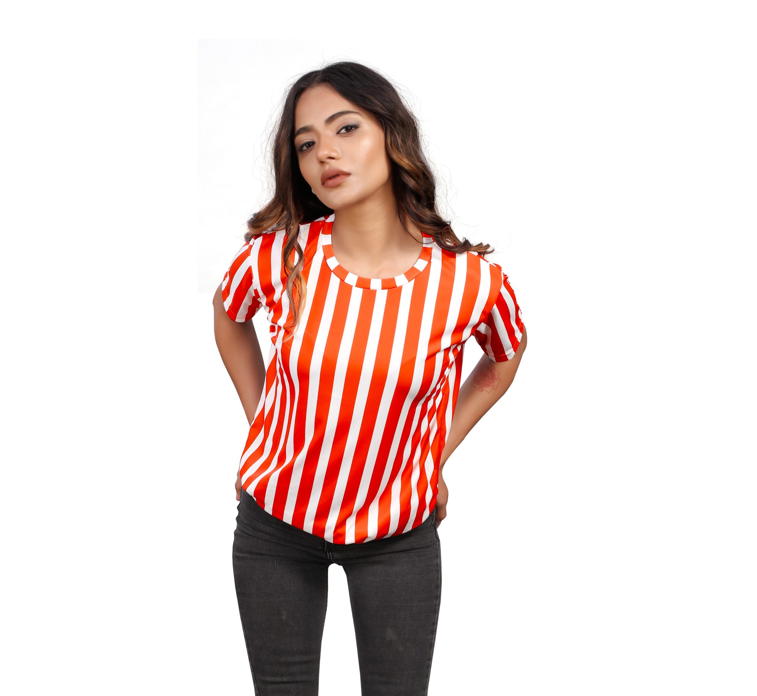 BEAUTIFUL SHRIEZ OVERSIZED ORANGE STRIPE WOMEN T-SHIRT BY SHRIEZ