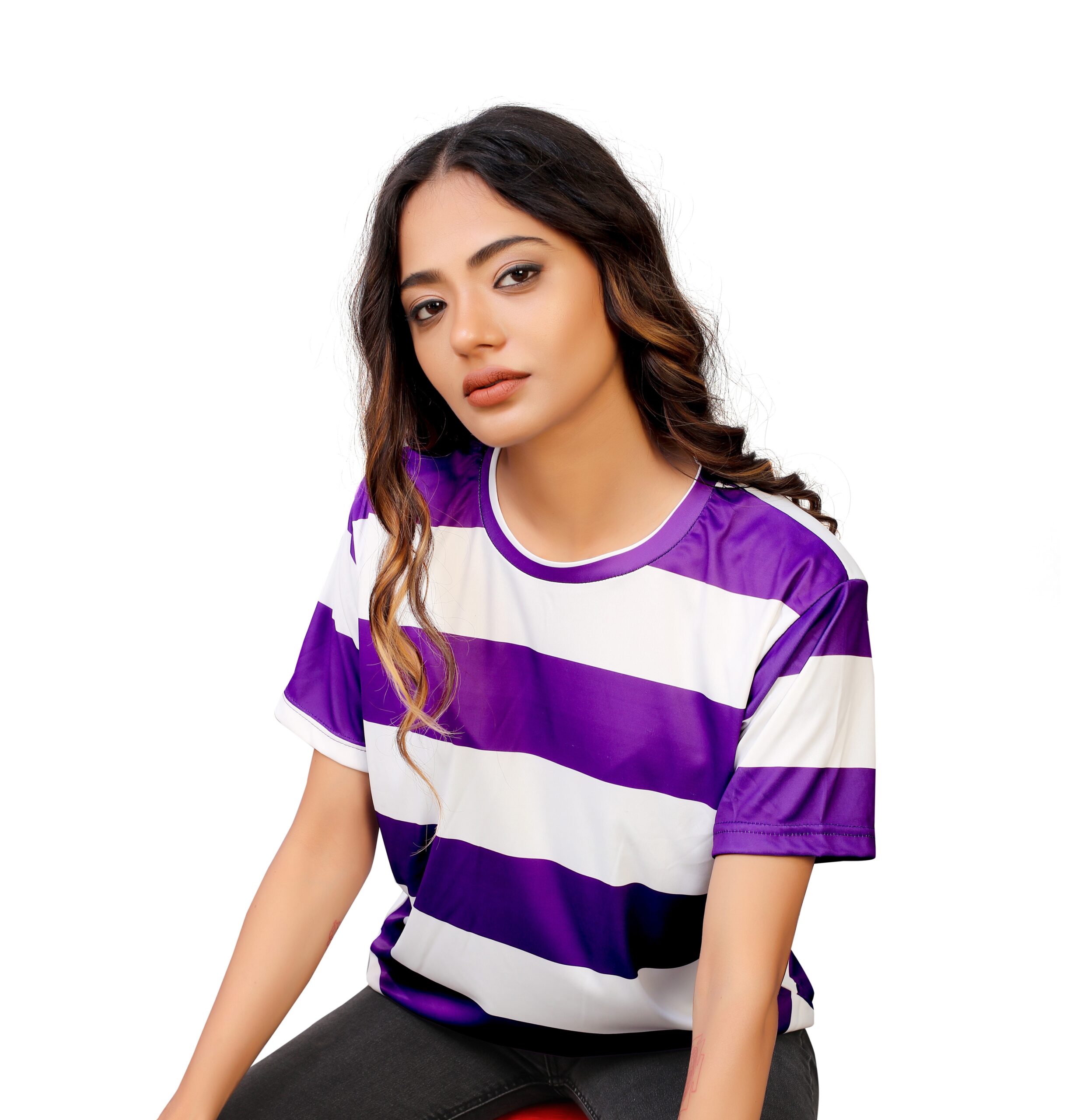 BEAUTIFUL SHRIEZ OVERSIZED WOMEN T-SHIRT PURPLE STRIPE